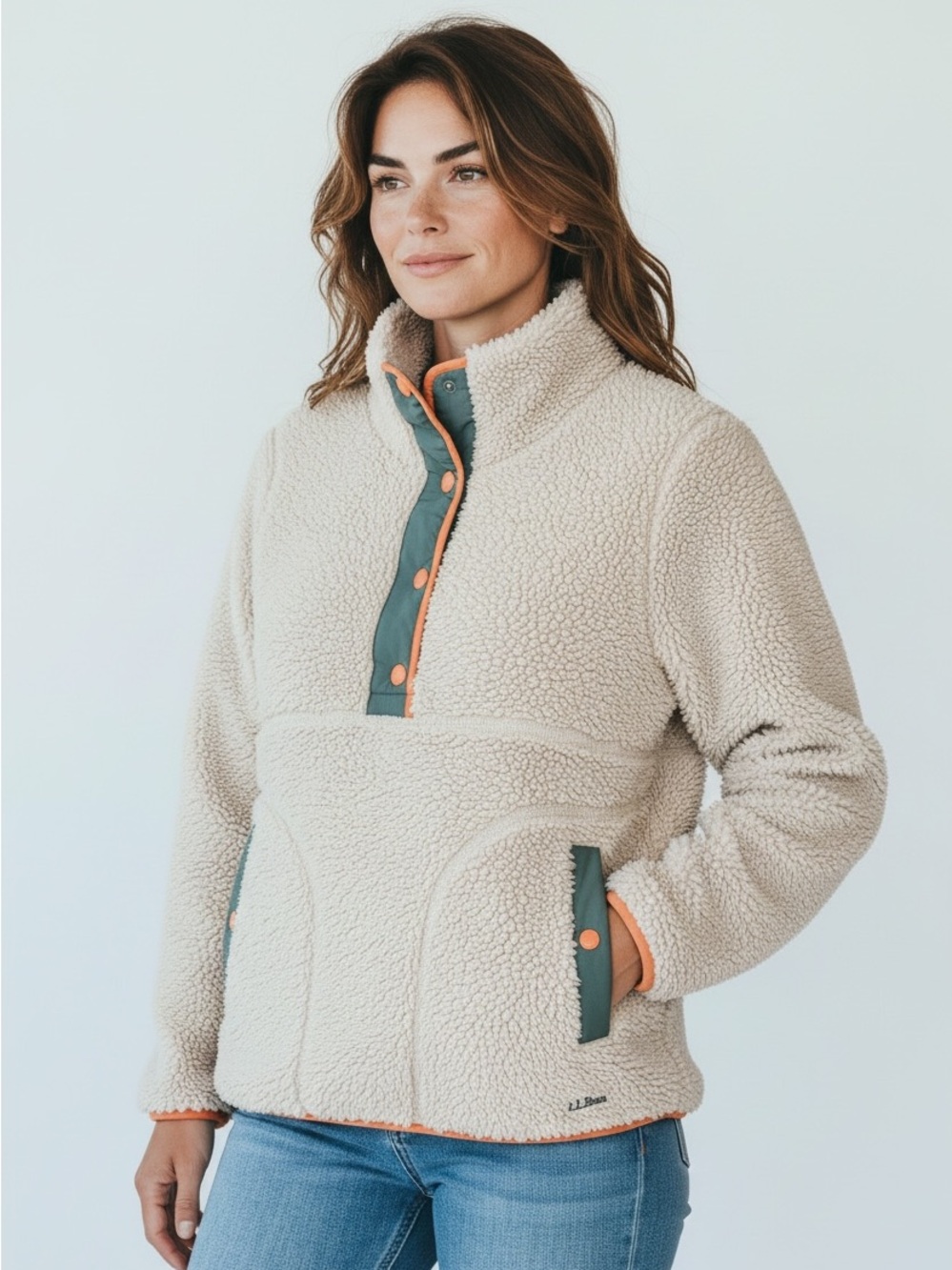 L.L. Bean Sherpa Pullover Cream, Sage Green, Salmon - Size Medium - EUC
